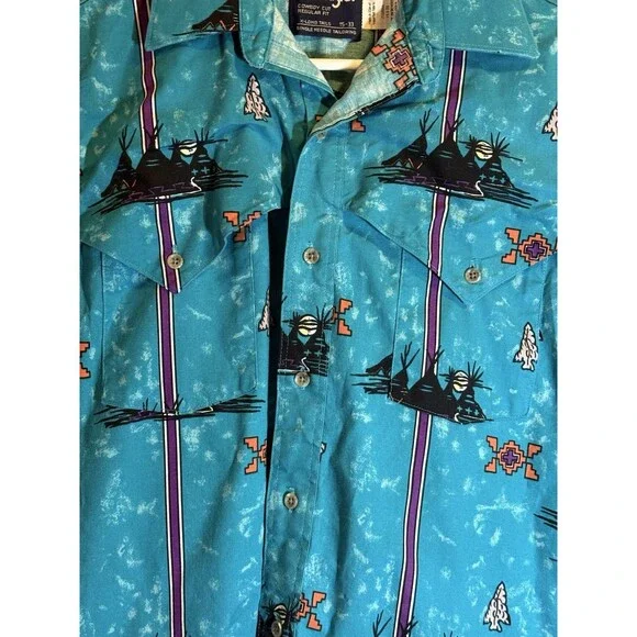 Vintage Wrangler Shirt Button Up Tepee Arrowhead Western Size 15 - 33 Long Sleev - Picture 2 of 6